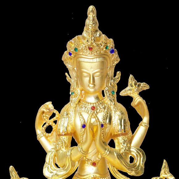 AVALOKITESVARA BUDDHA BEJEWELED GOLD ALLOY PLATED 6 IN STATUE-4 Arms-Bodhisattva - Picture 14 of 16